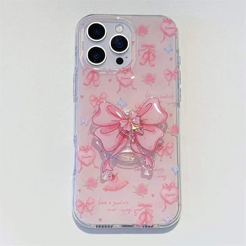 Korean Love Heart Ballet Style Pink Bowknot Rotate Bracket Phone Case For iPhone