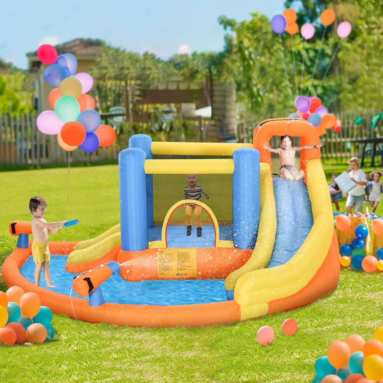 Multi-Activity Water Park for Kids with Pool, Slide, Trampoline, and Climbing Wall