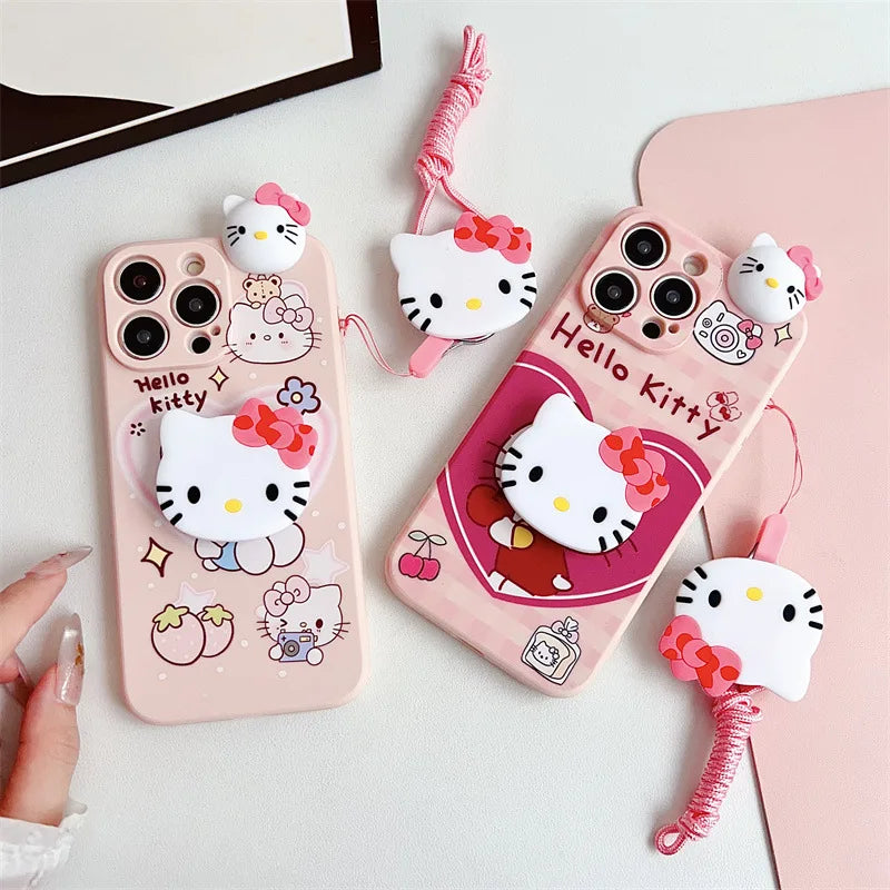 3D Cute Cartoon Hello Kitty Phone Case With Bracket Lanyard For iPhone