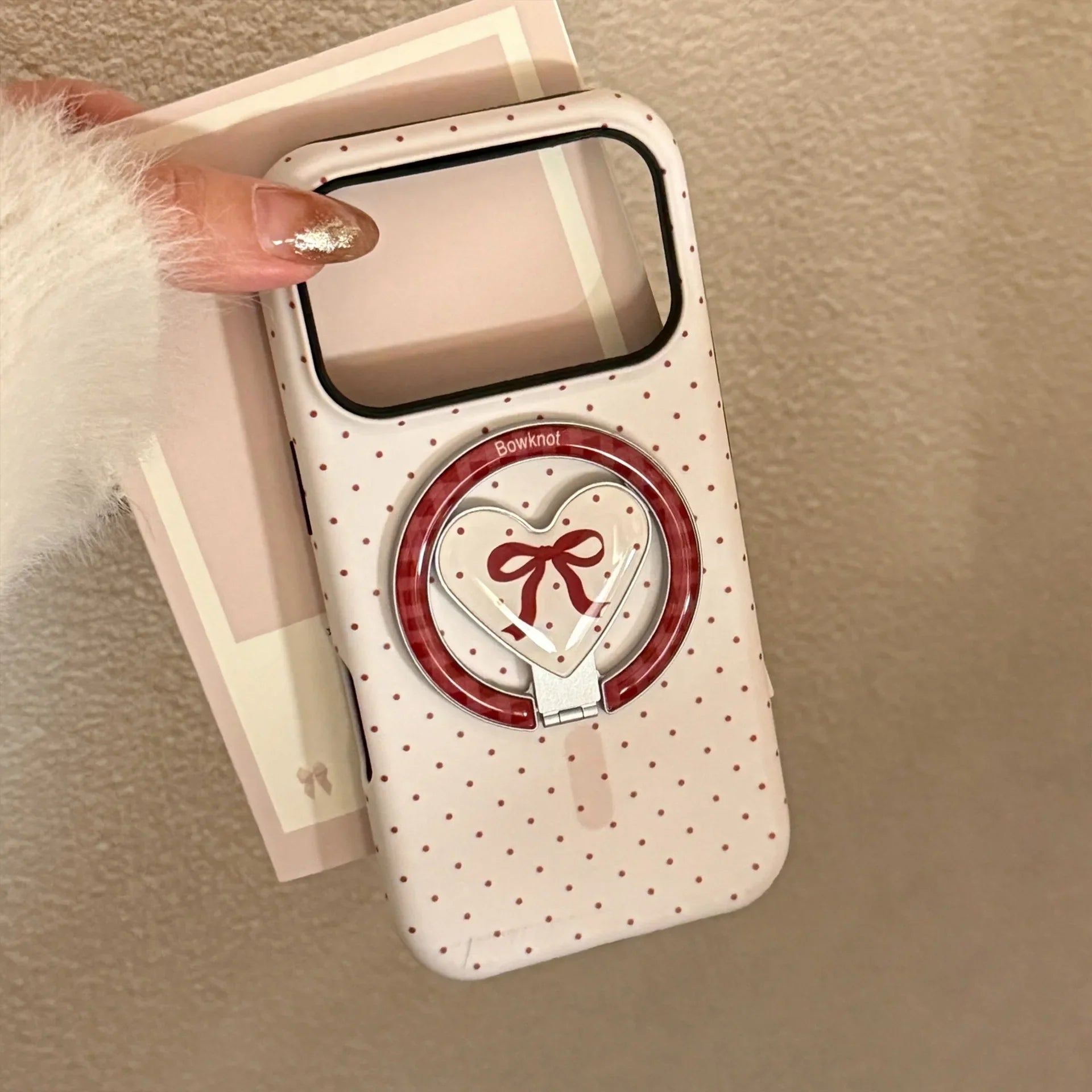 Korean Full Screen Polka Dot Fold Love Heart Magnetic Holder Phone Case For iPhone