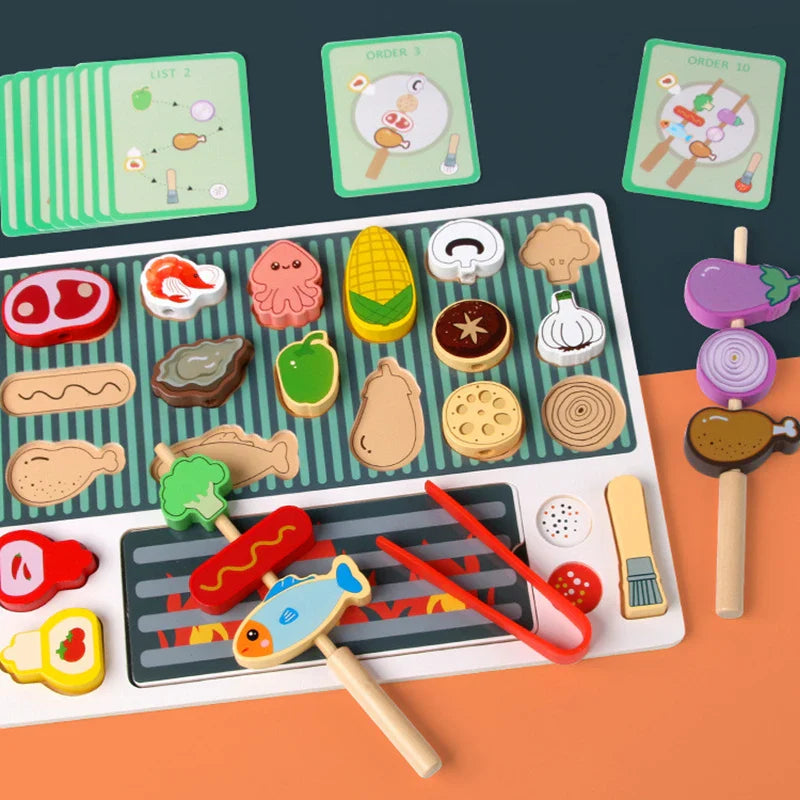 Kids Wooden Barbecue Kitchen Toy Set – Pretend Play Food Cutting Game
