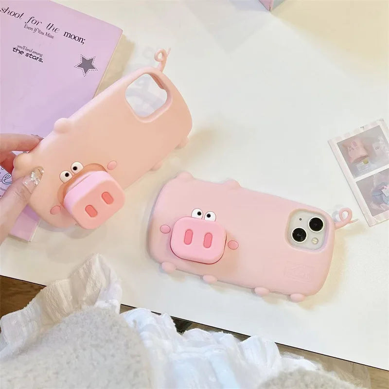 3D Cute Cartoon Pig Nose Telescopic Bracket Silicone Phone Case For iPhone