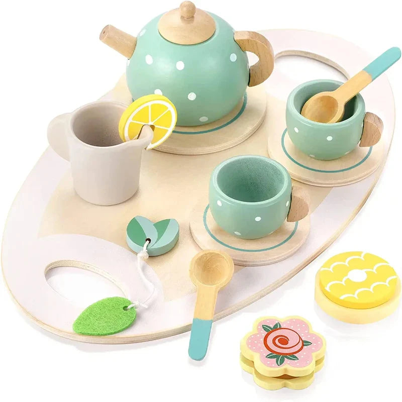 Wooden Kitchen Playset – Pretend Play Tea Set for Girls