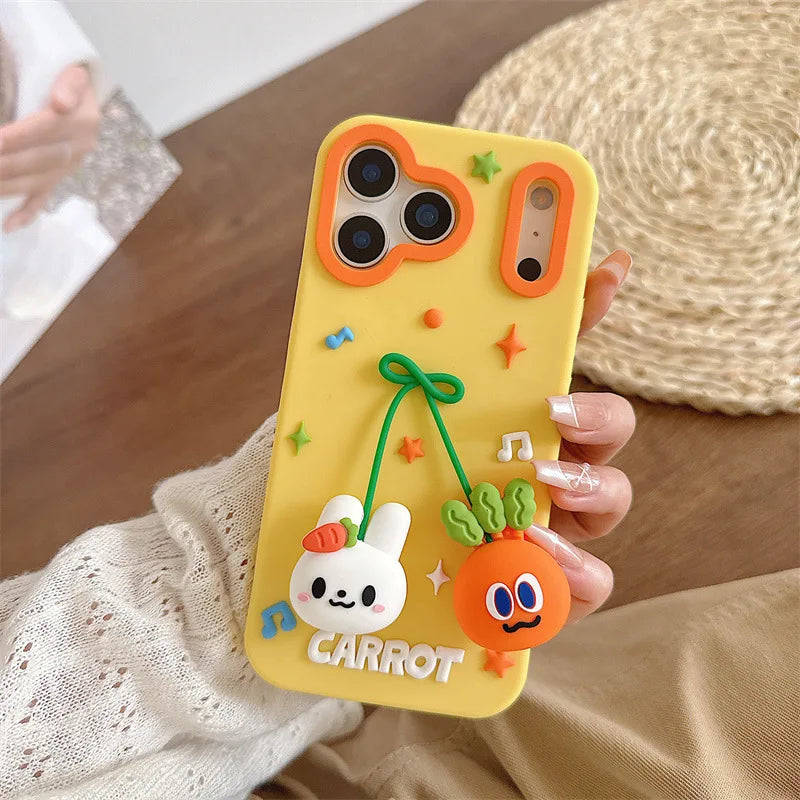 3D Cartoon Carrot Rabbit Bowknot Pendant Silicone Soft Phone Case For iPhone