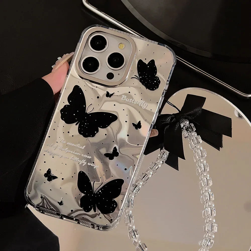 Luxury Black Butterfly Water Ripple Phone Case With Lanyard For iPhone