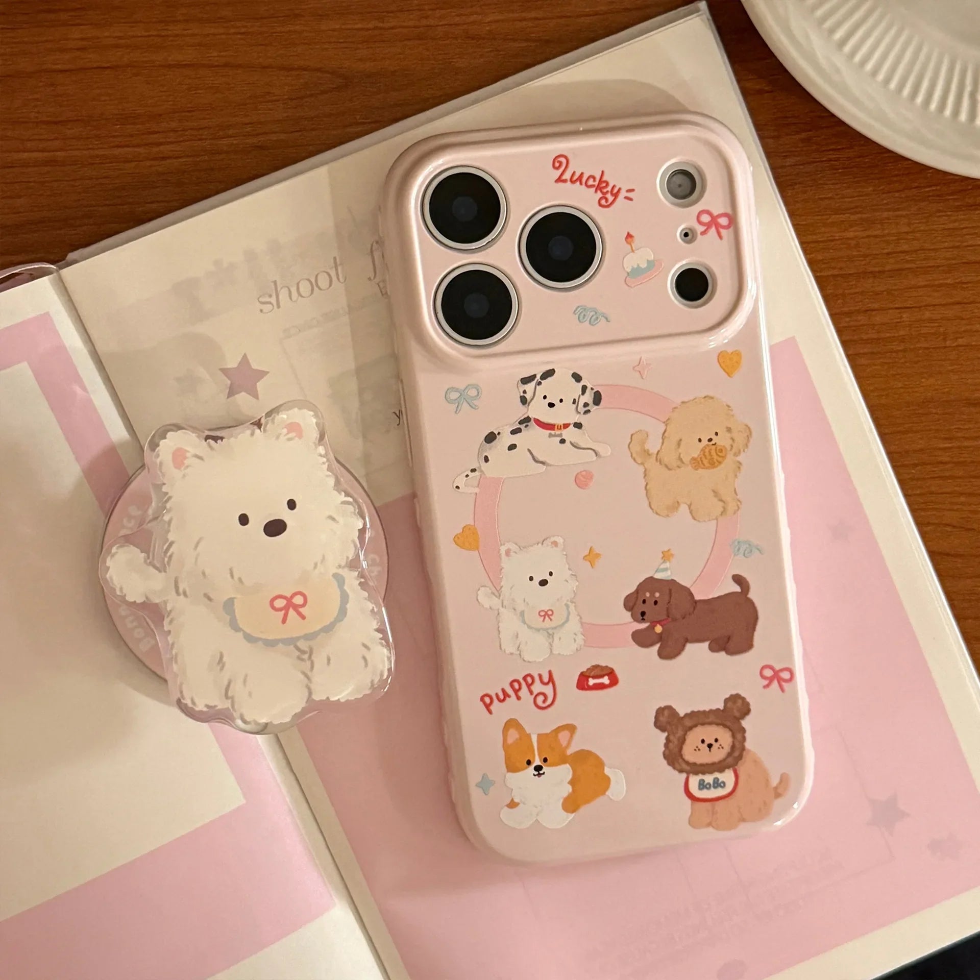 Korean Cute Cartoon Puppy Magnetic Stand Holder Phone Case For iPhone