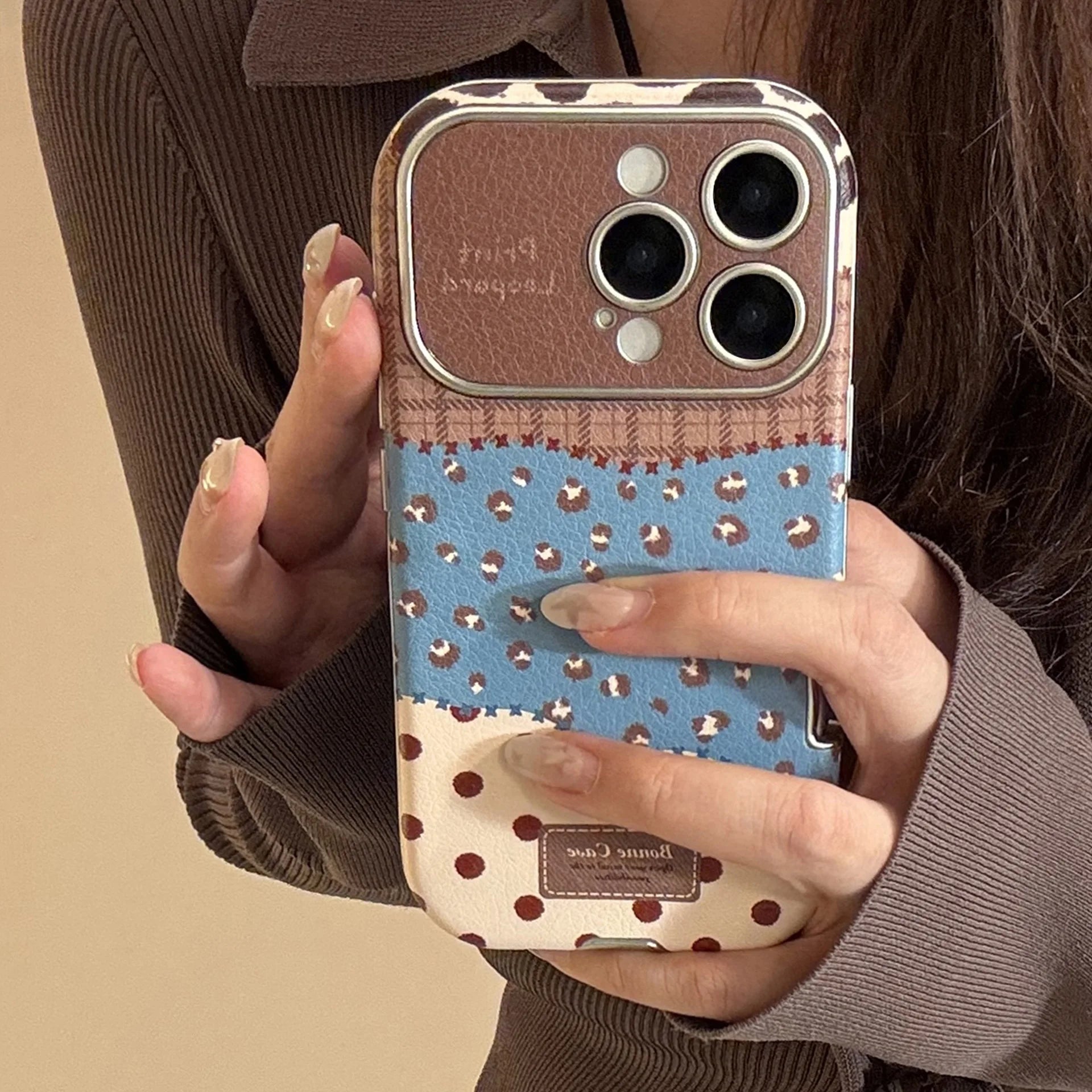 Korean Retro Leopard Print Splicing Leather Texture Phone Case For iPhone