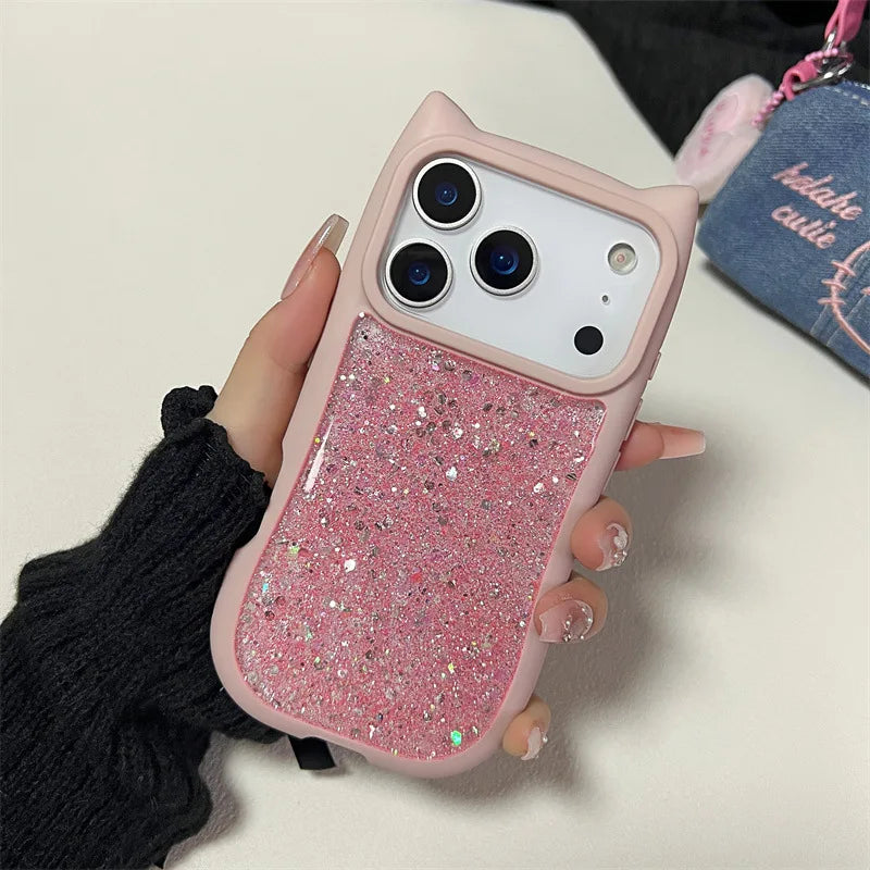 Cute 3D Cat Ear Solid Color Drop Glue Glitter Sequins Phone Case For iPhone