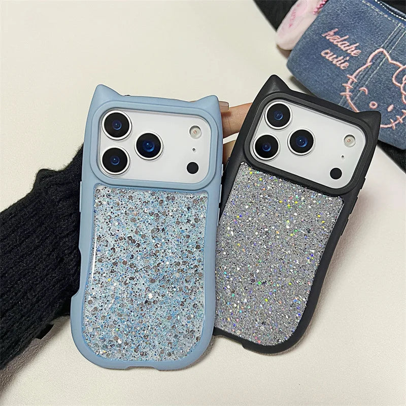 Cute 3D Cat Ear Solid Color Drop Glue Glitter Sequins Phone Case For iPhone