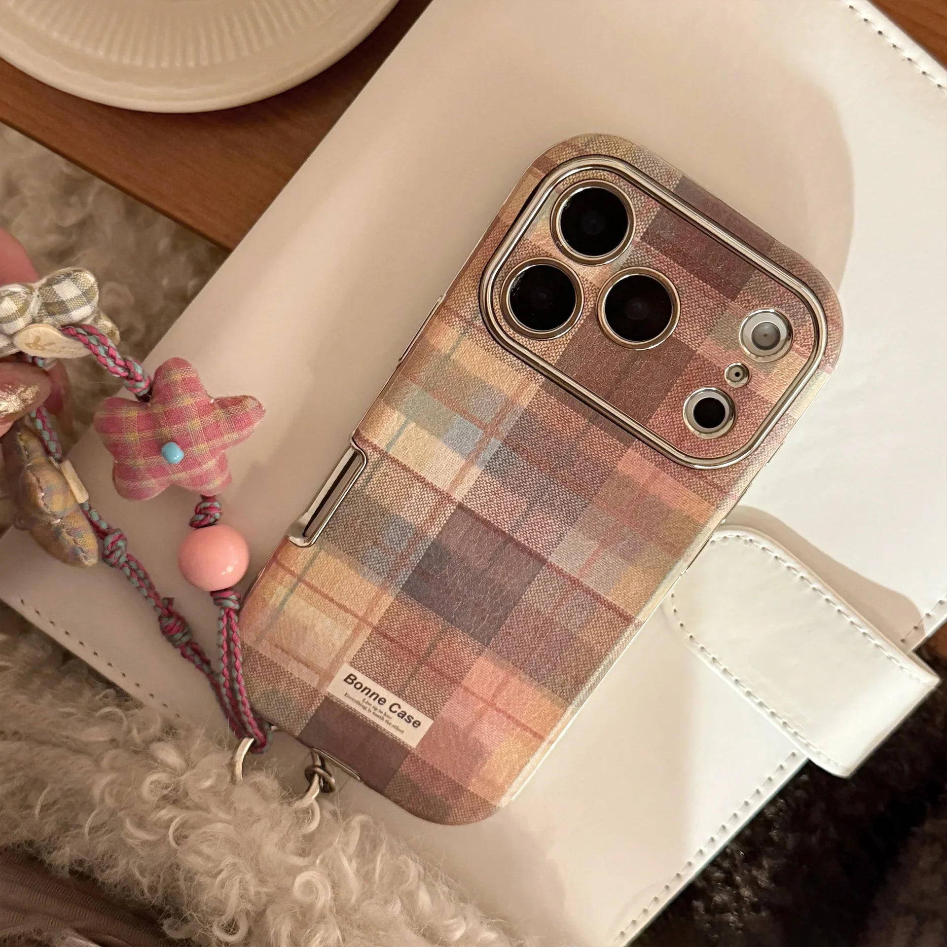Korean Grid Pattern Cloth Texture Plating Phone Case With Stars Strap For iPhone
