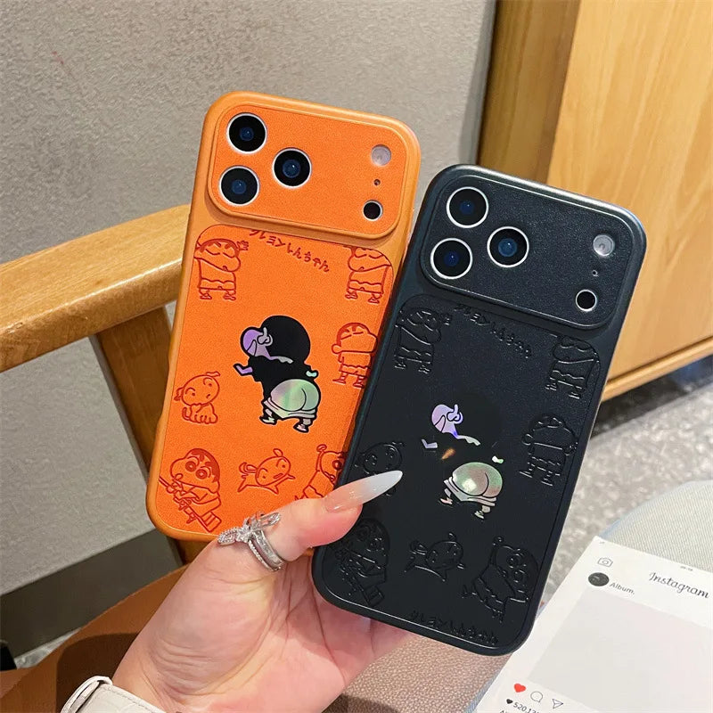 Anime Cartoon Crayon Shin-chan Butt Emboss Leather Texture Laser Phone Case For iPhone
