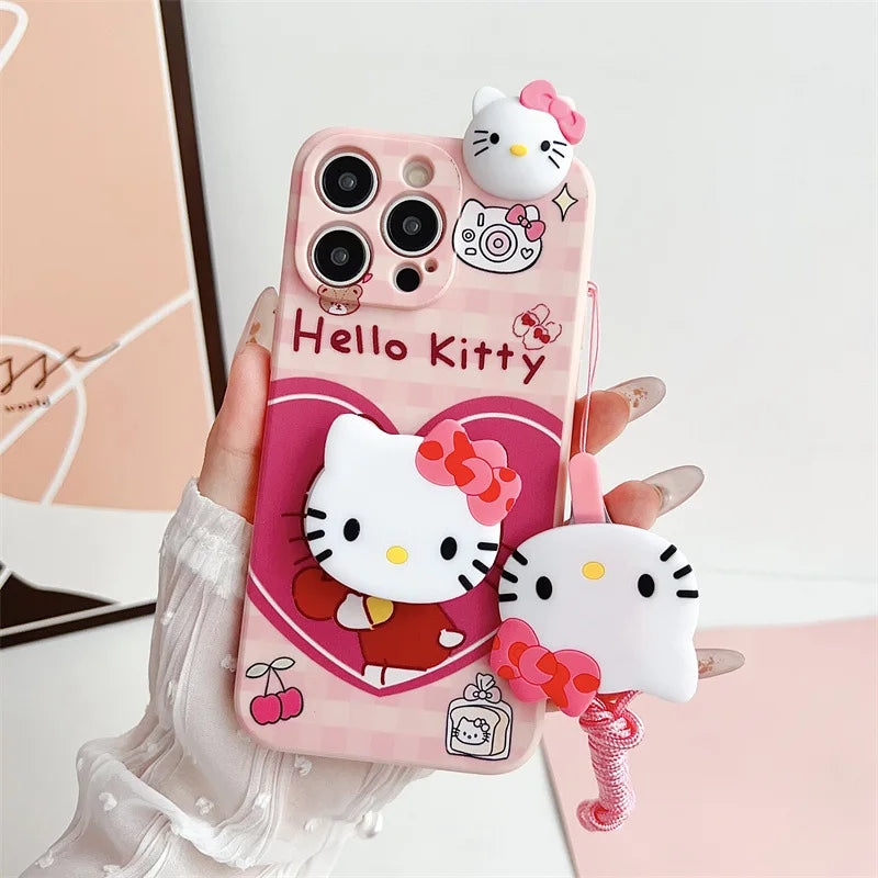 3D Cute Cartoon Hello Kitty Phone Case With Bracket Lanyard For iPhone