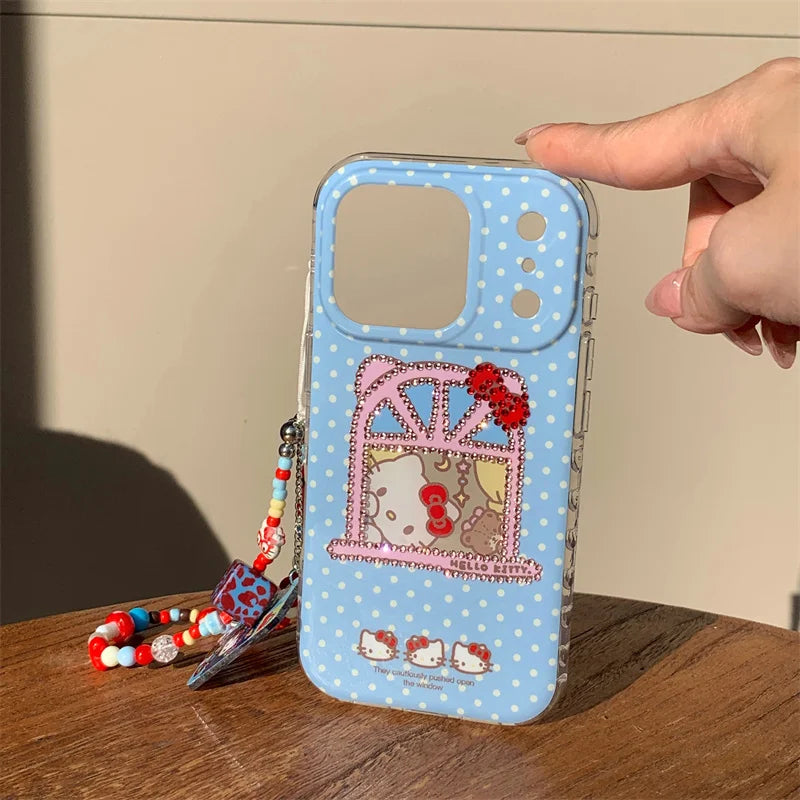 Korean Blue Polka Dot Cute Kitty Phone Case For iPhone