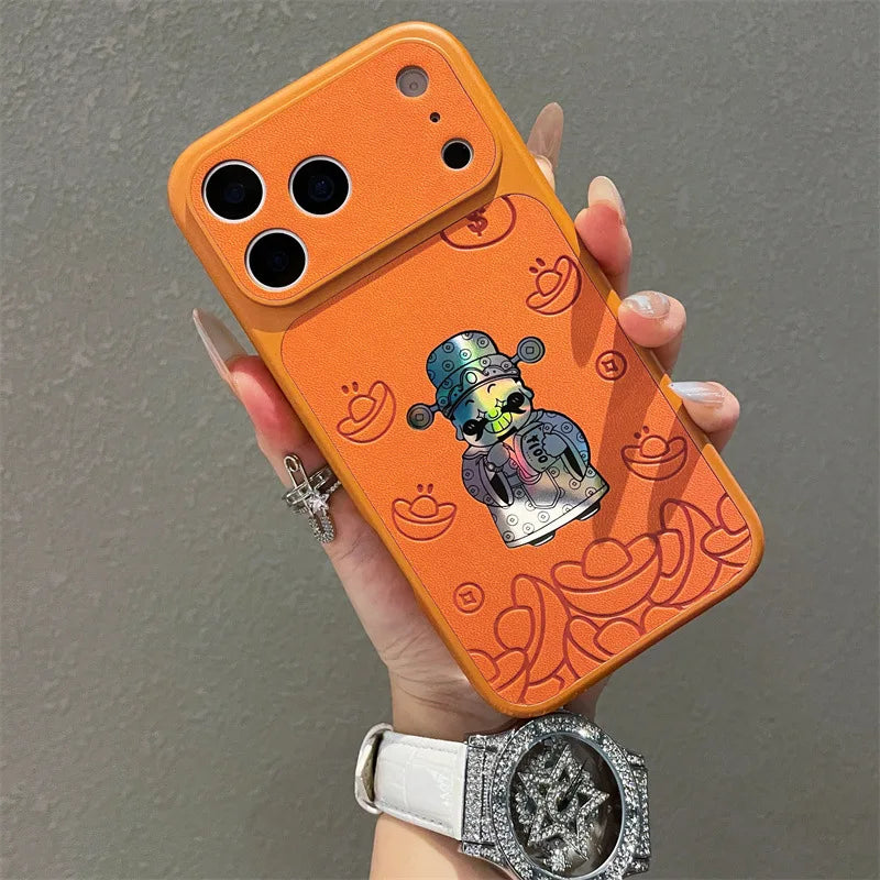 Luxury Cartoon God Of Wealth Laser Leather Texture Phone Case For iPhone