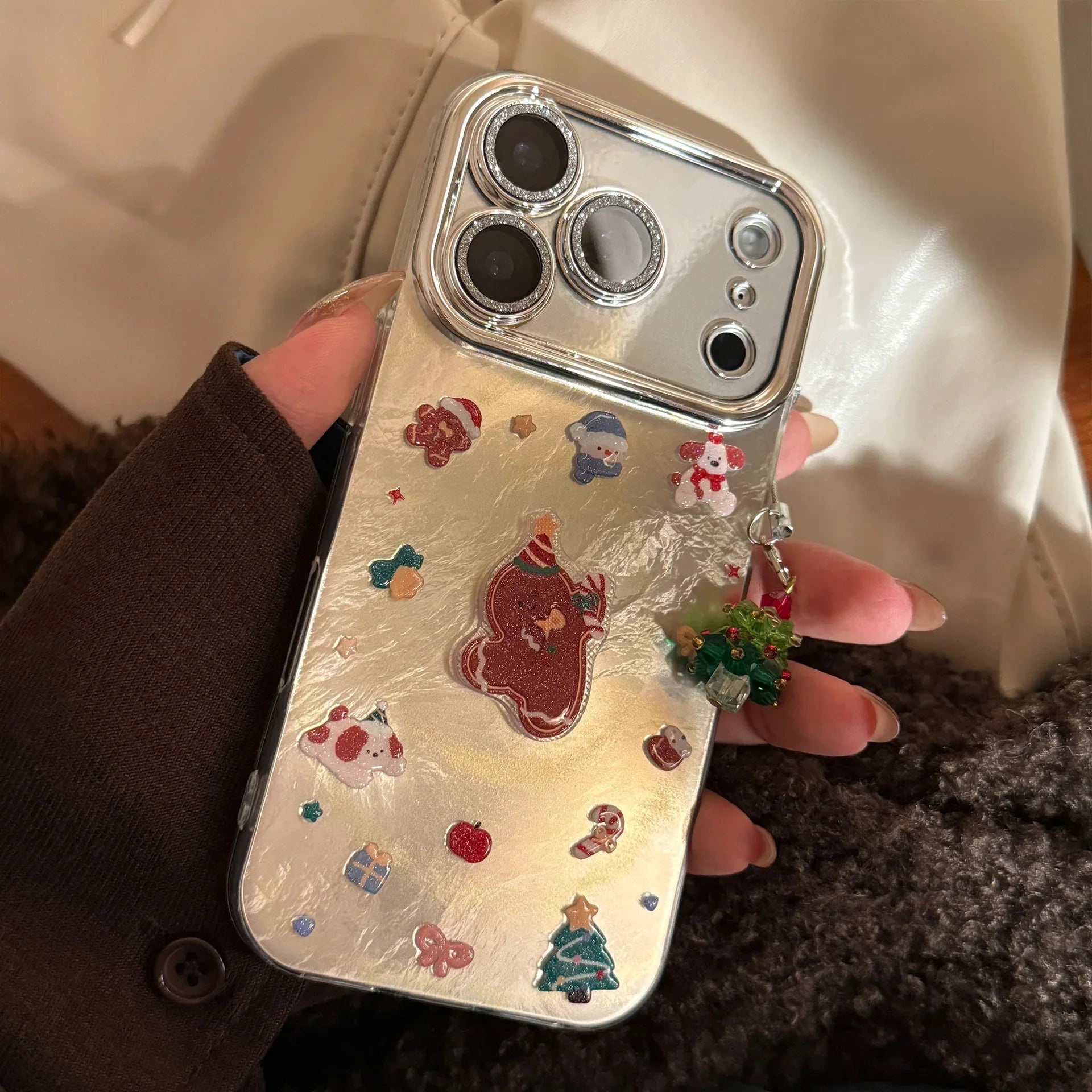 3D Cartoon Gingerbread Man Christmas Tree Pendant Phone Case For iPhone