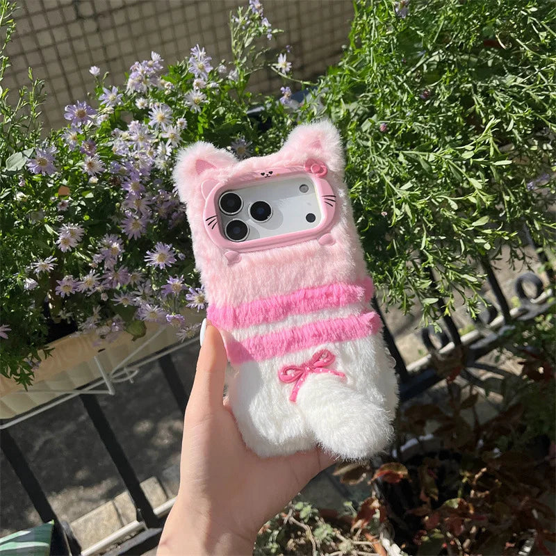 Cute Cartoon Cat Bowknot Warm Furry Fur Plush Phone Case For iPhone
