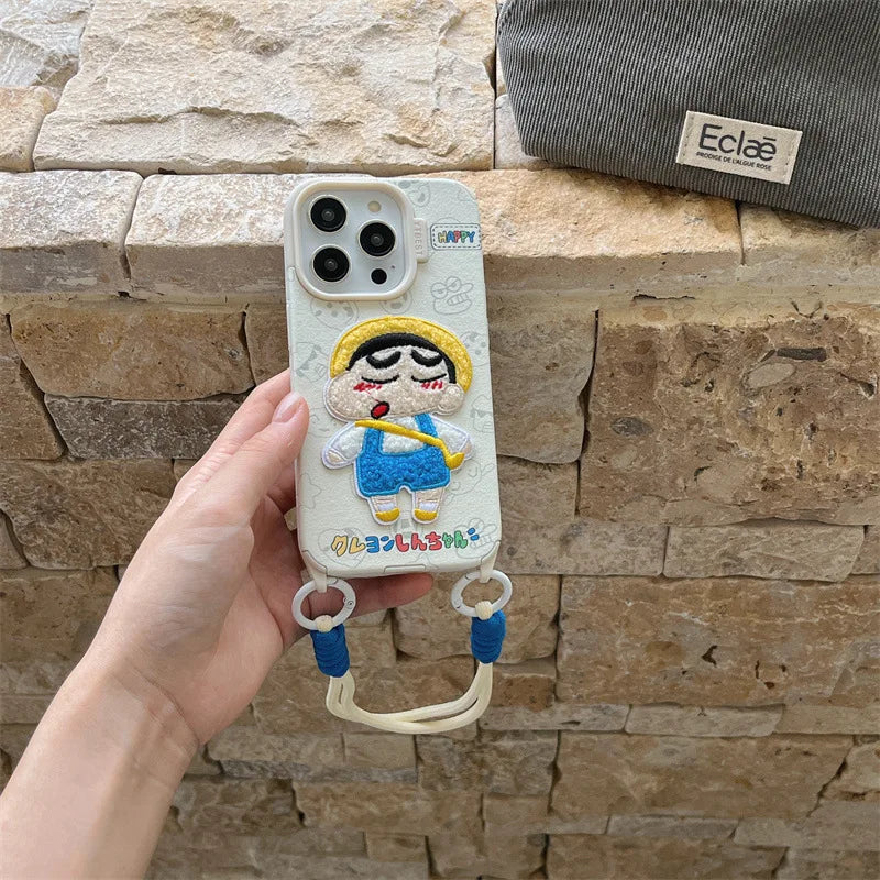 Cute Crayon Shin-chan Embroidered Leather Texture Phone Case For iPhone