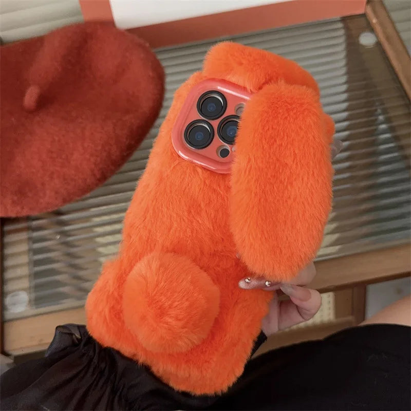 3D Cute Cartoon Rabbit Ears Furry Plush Phone Case For iPhone