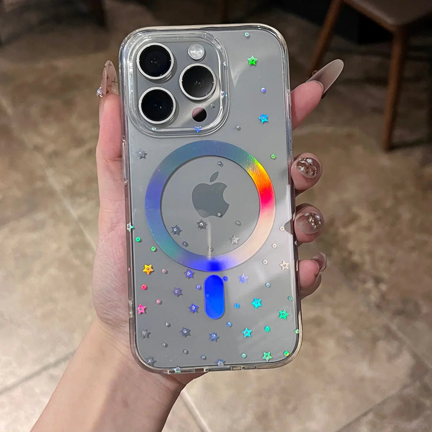 Dazzling Laser Star Pattern Magnetic Wireless Charging Clear Phone Case For iPhone