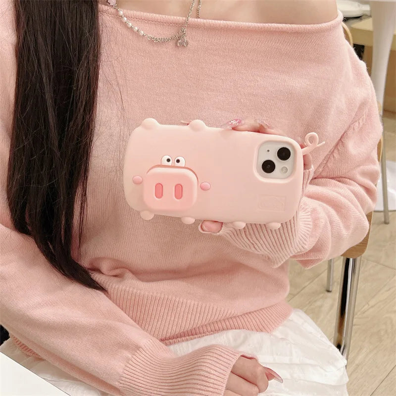 3D Cute Cartoon Pig Nose Telescopic Bracket Silicone Phone Case For iPhone