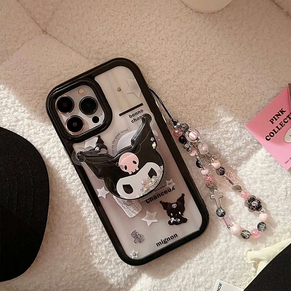 Cute Cartoon Kuromi Quicksand Bracket Phone Case With Lanyard For iPhone
