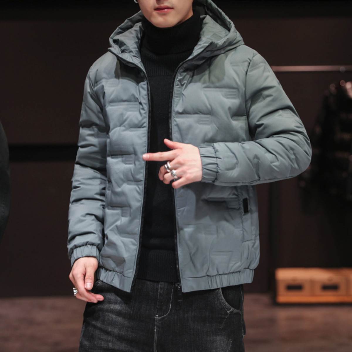 Mens Hooded Zipper Puffer Jacket