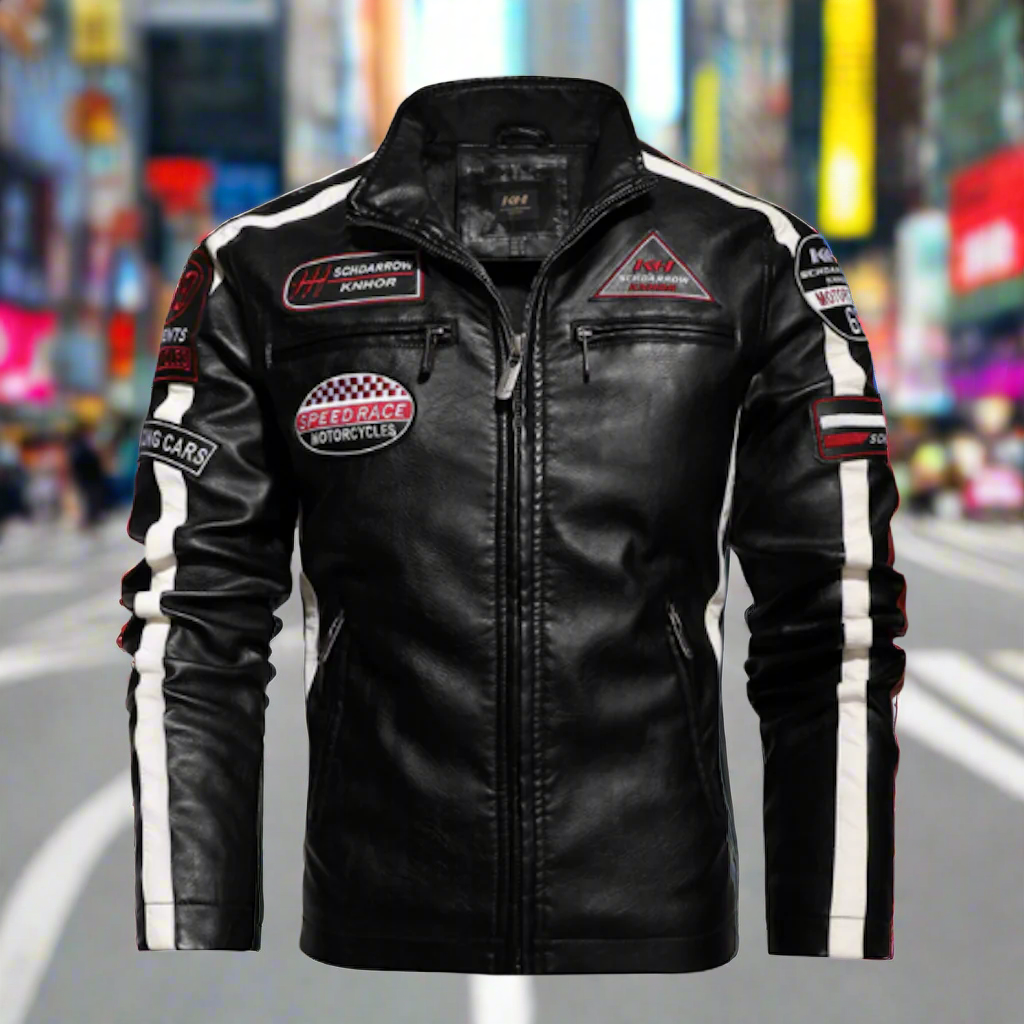 Mens Biker Vegan Leather Jacket With Badges