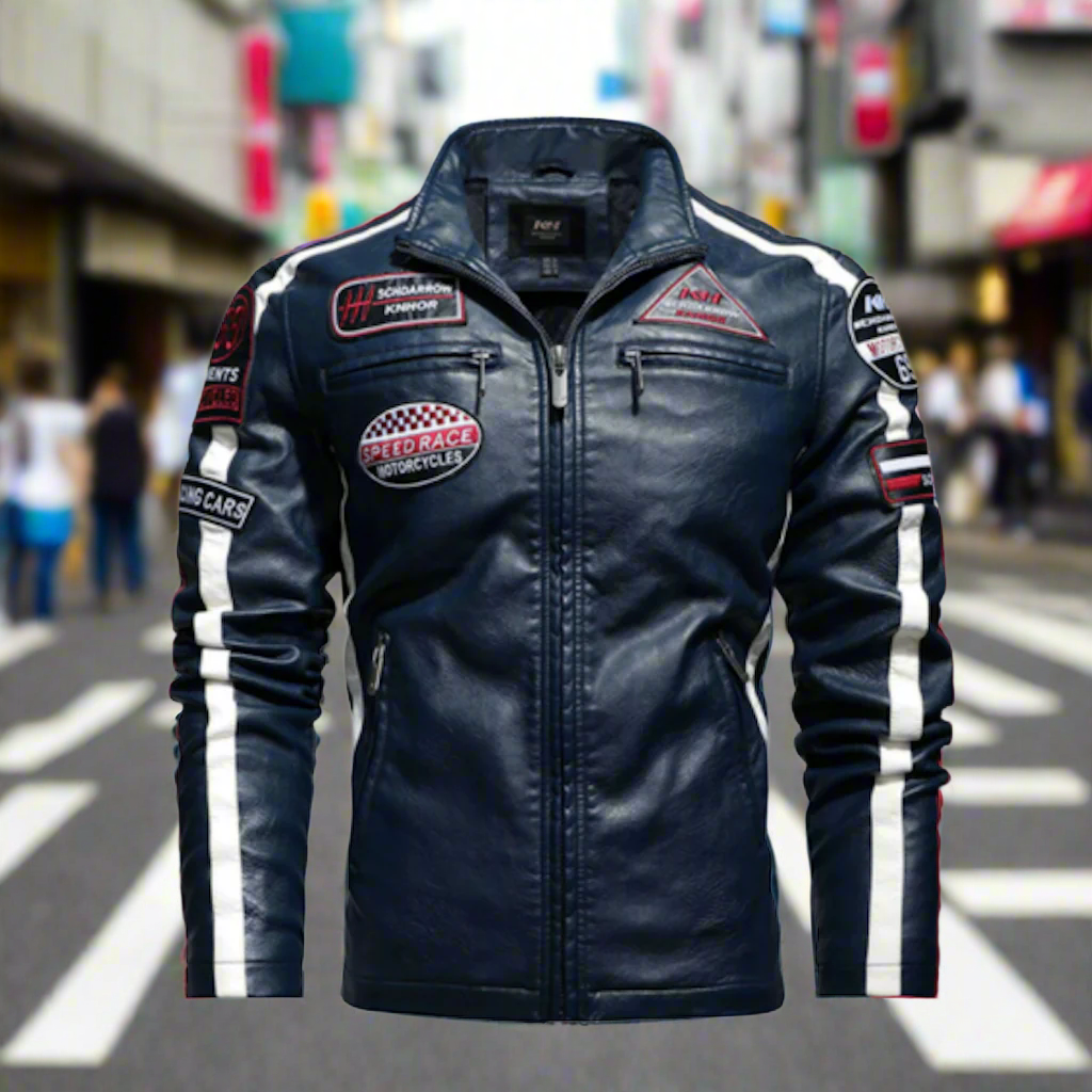 Mens Biker Vegan Leather Jacket With Badges