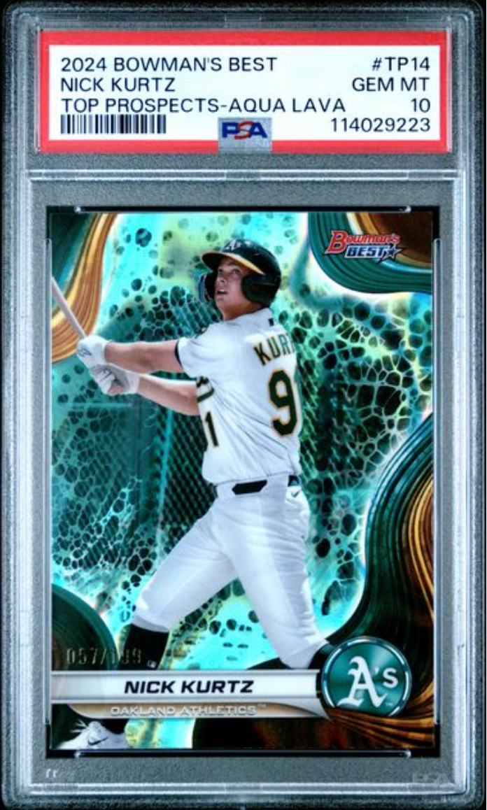 Graded 2024 Topps Bowmans Best Nick Kurtz #TP14 Top Prospects Aqua Lav