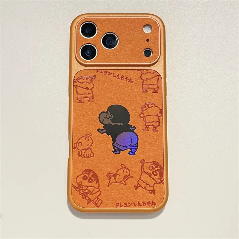 Anime Cartoon Crayon Shin-chan Butt Emboss Leather Texture Laser Phone Case For iPhone
