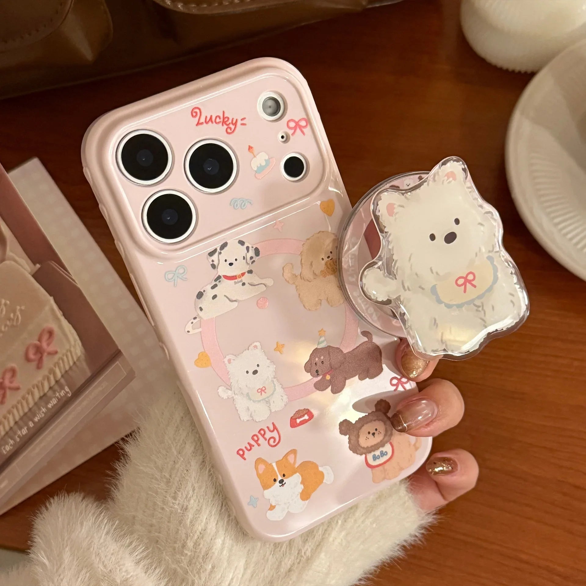 Korean Cute Cartoon Puppy Magnetic Stand Holder Phone Case For iPhone