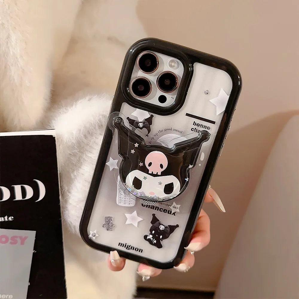 Cute Cartoon Kuromi Quicksand Bracket Phone Case With Lanyard For iPhone