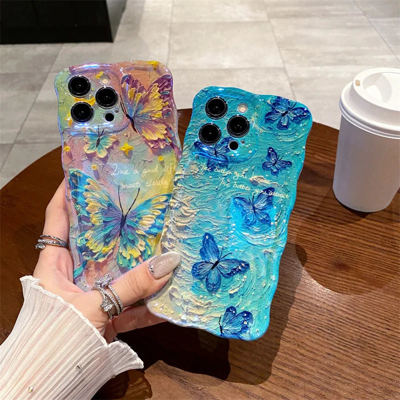 Luxury Retro Oil Painting Butterfly Wavy Border Phone Case For iPhone