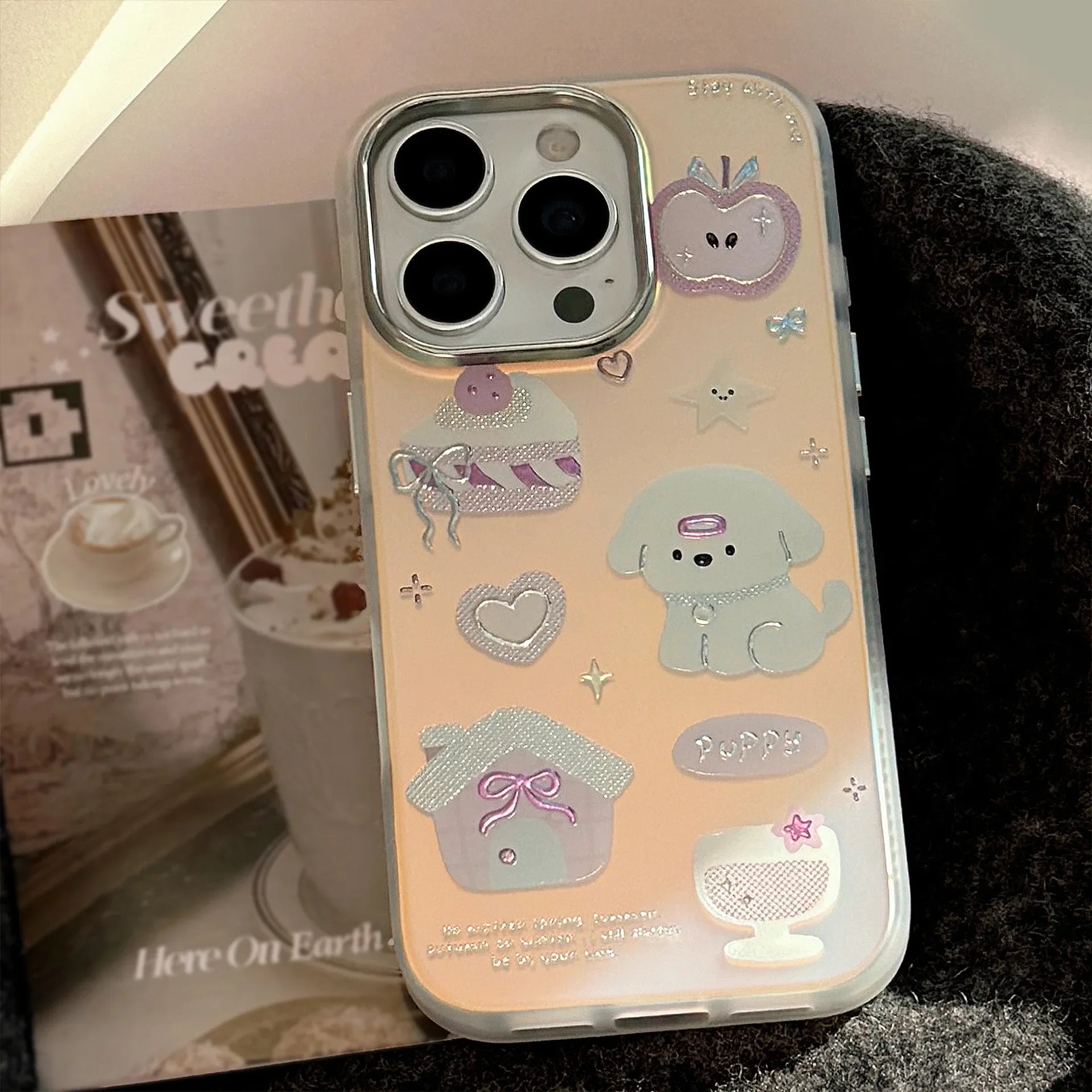 Korean Gilding Cartoon Dessert Puppy Laser Plating Phone Case For iPhone