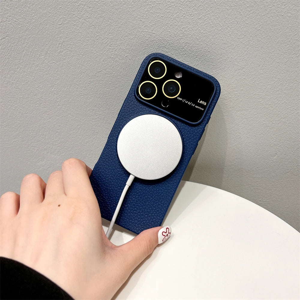 Large Window Litchi Texture For Magsafe Magnetic Case For iPhone