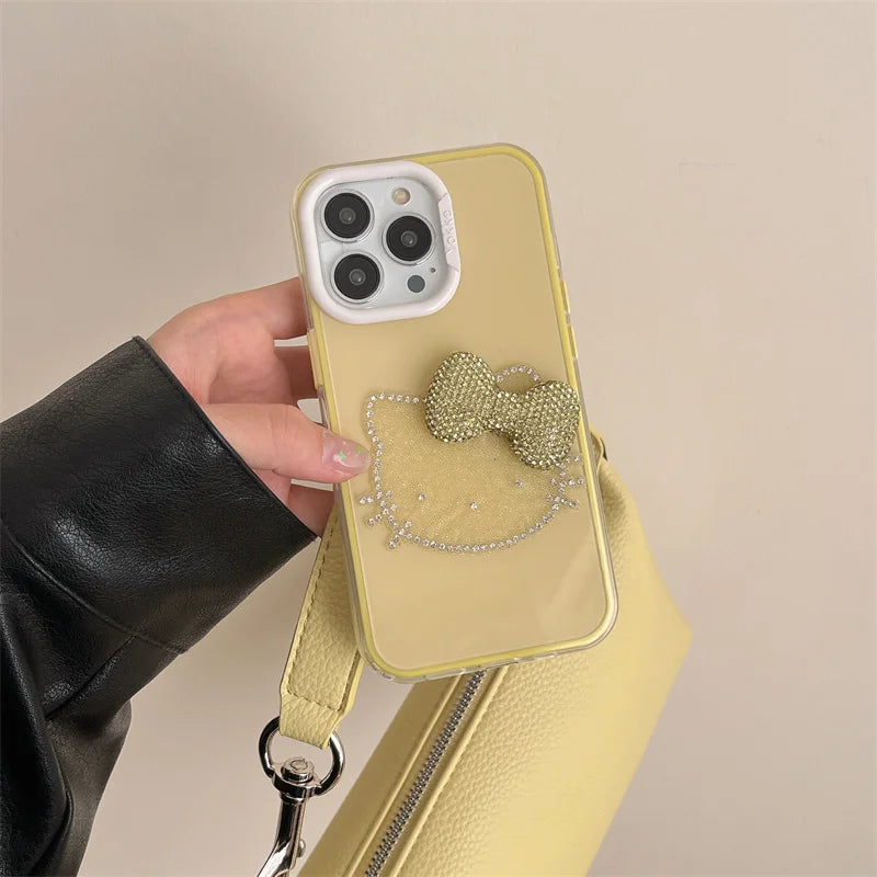 Luxury Rhinestone Bow Jelly Solid Color Glitter Hello Kitty Phone Case For iPhone
