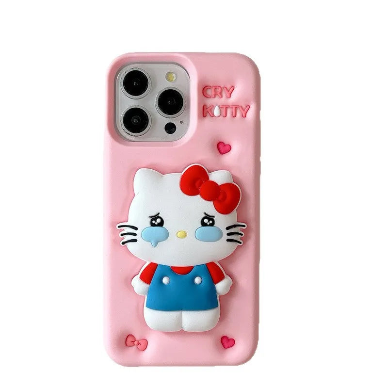 Kawaii 3D Cartoon Cry Hello Kitty Telescopic Bracket Soft Silicone Phone Case For iPhone