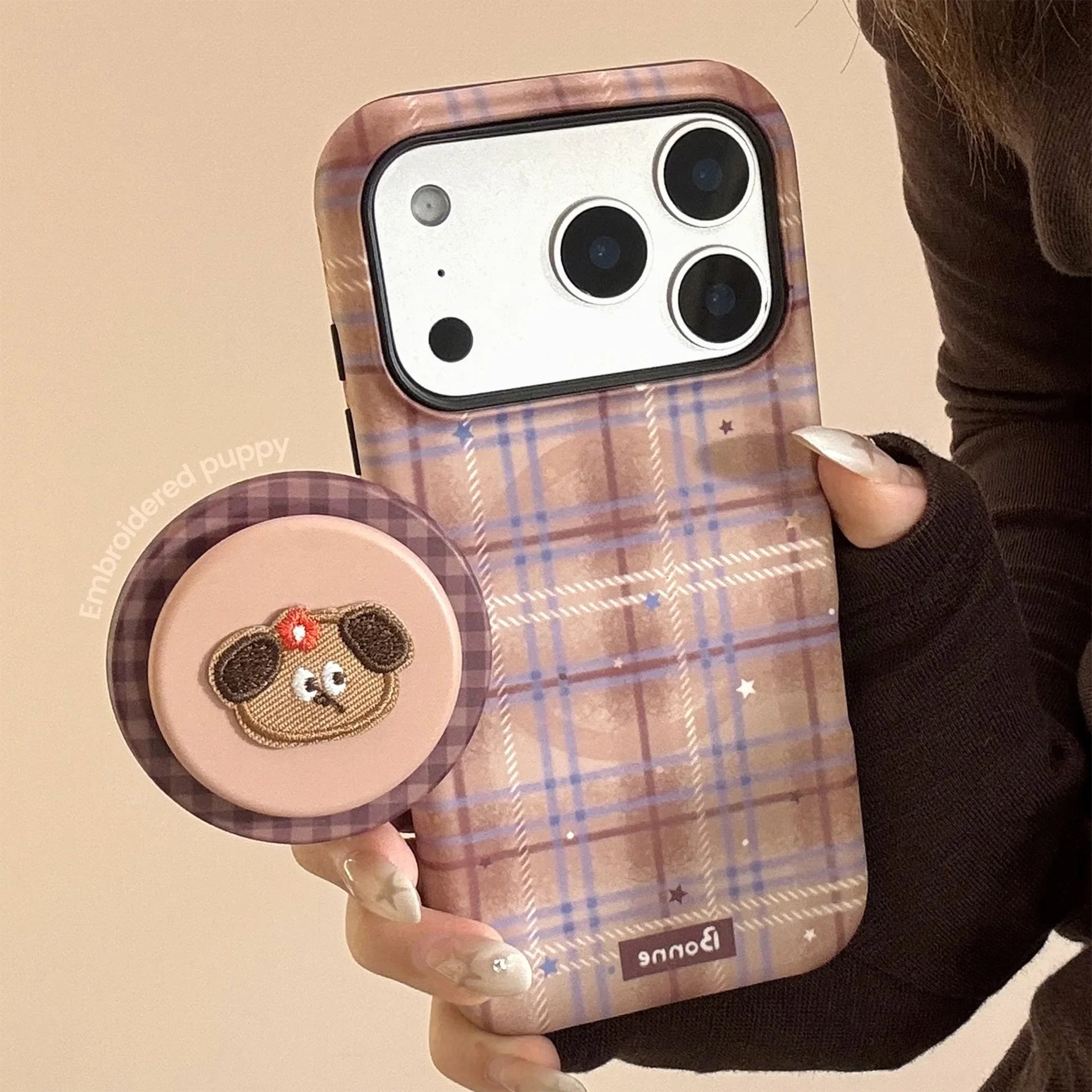 Cute Grid Pattern Cartoon Embroidery Puppy Bracket Magnetic Phone Case For iPhone