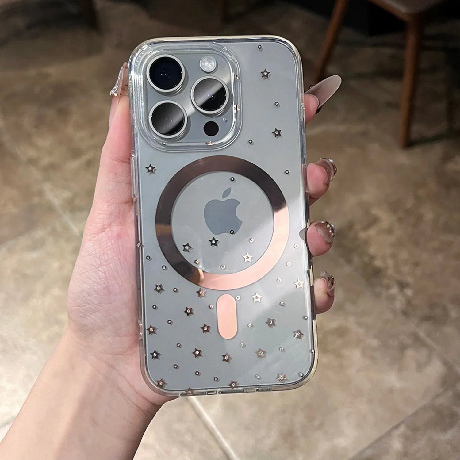 Dazzling Laser Star Pattern Magnetic Wireless Charging Clear Phone Case For iPhone