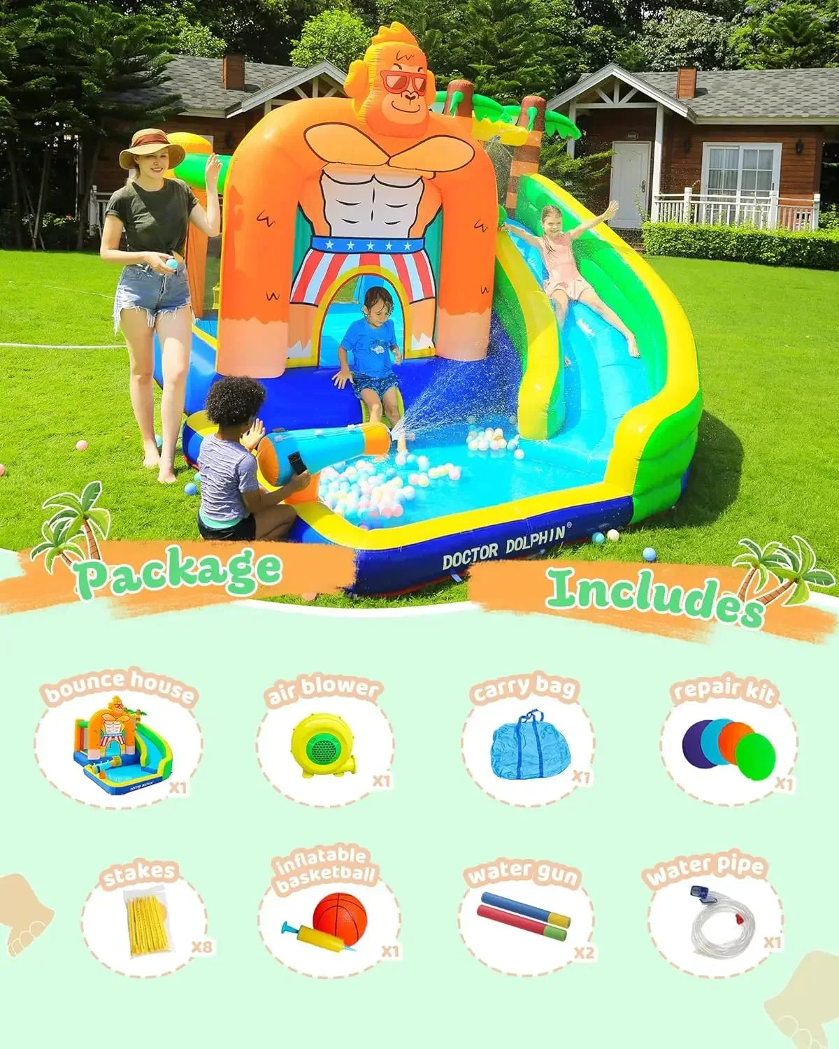 Dolphin Inflatable Water Slide – Kids Water Park with Splash Pool & Long Slide