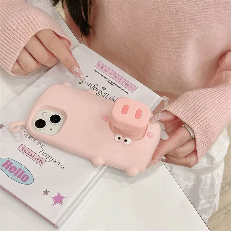 3D Cute Cartoon Pig Nose Telescopic Bracket Silicone Phone Case For iPhone