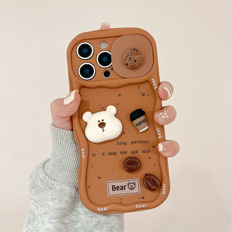3D Coffee Cartoon Bear Phone Case With Wrist Strap For iPhone