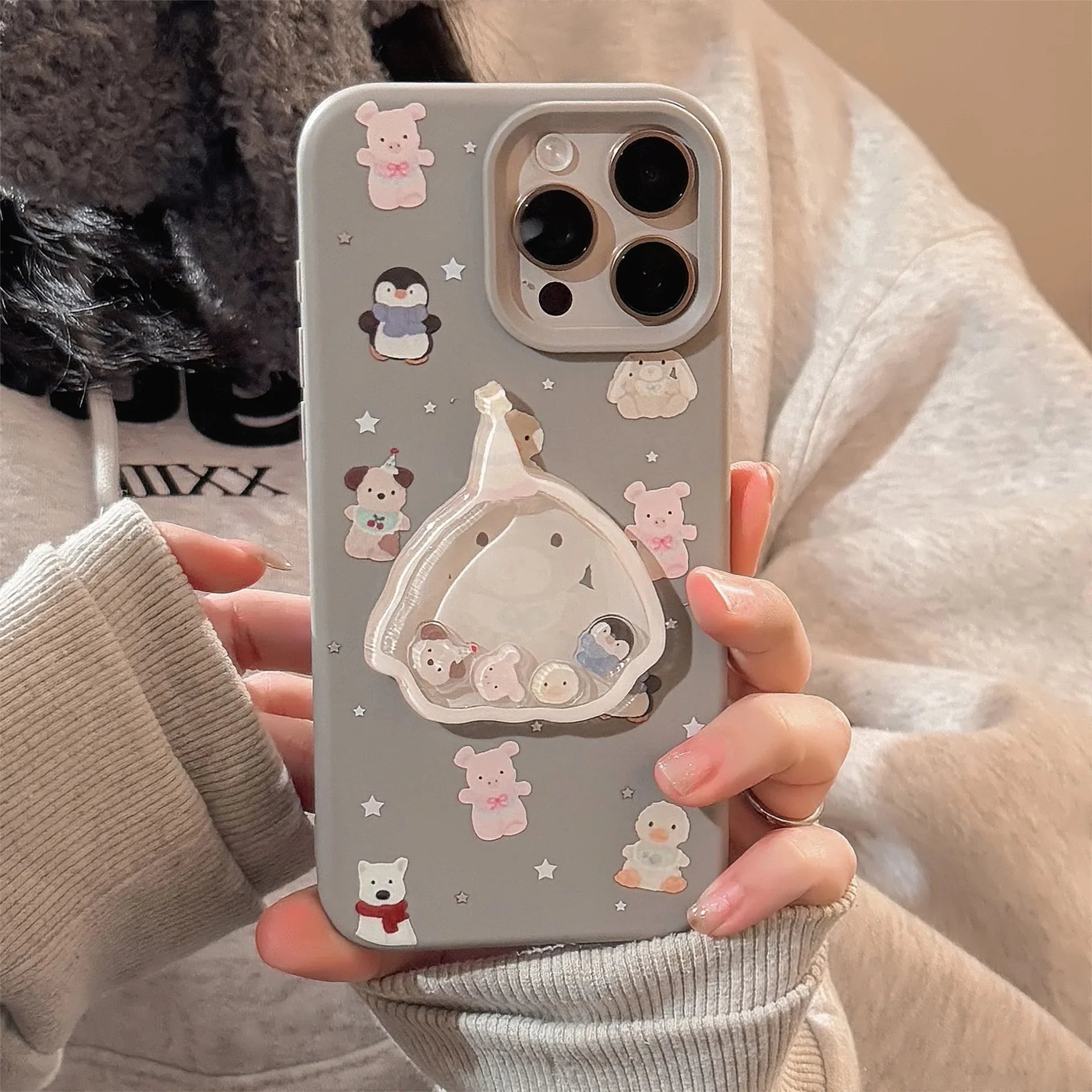Cute Cartoon 3D Penguin Bunny Quicksand Phone Case For iPhone