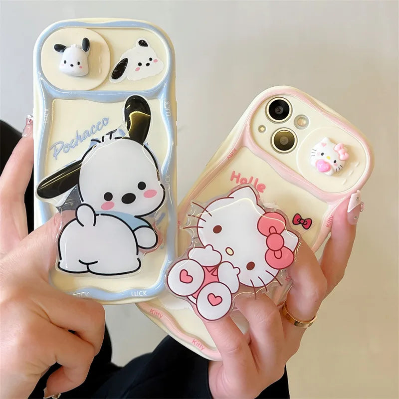 Cute Cartoon 3D Hello Kitty Sliding Camera Bracket Wave Phone Case For iPhone