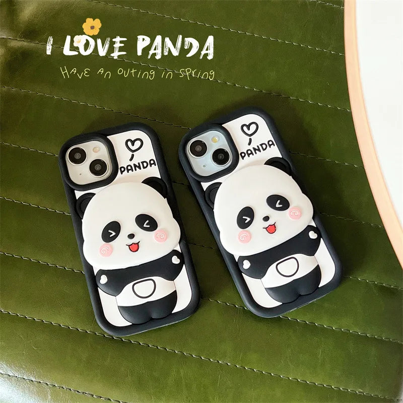 ins Cute Cartoon Panda Flip Mirror Bracket Soft Silicone Phone Case For iPhone