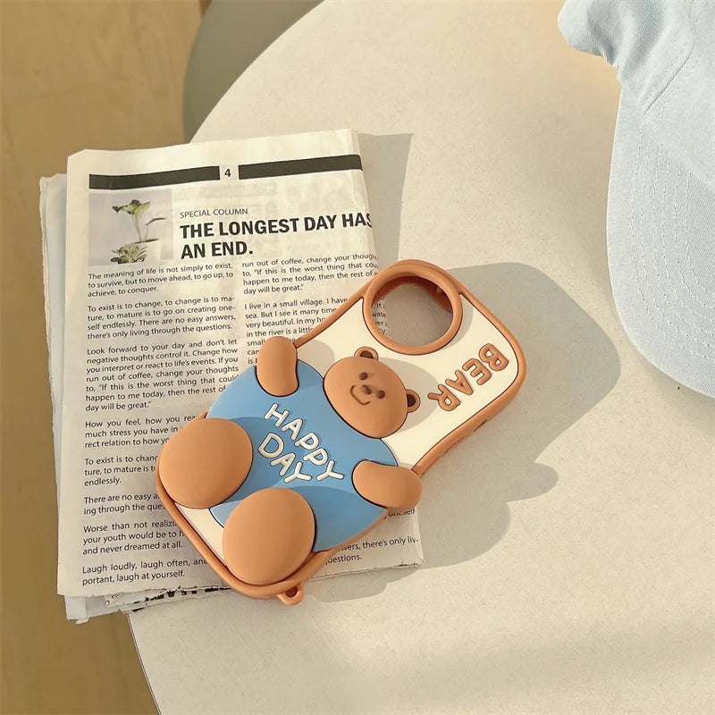 3D Cute Cartoon Fat Bear Silicone Telescopic Bracket Phone Case For iPhone