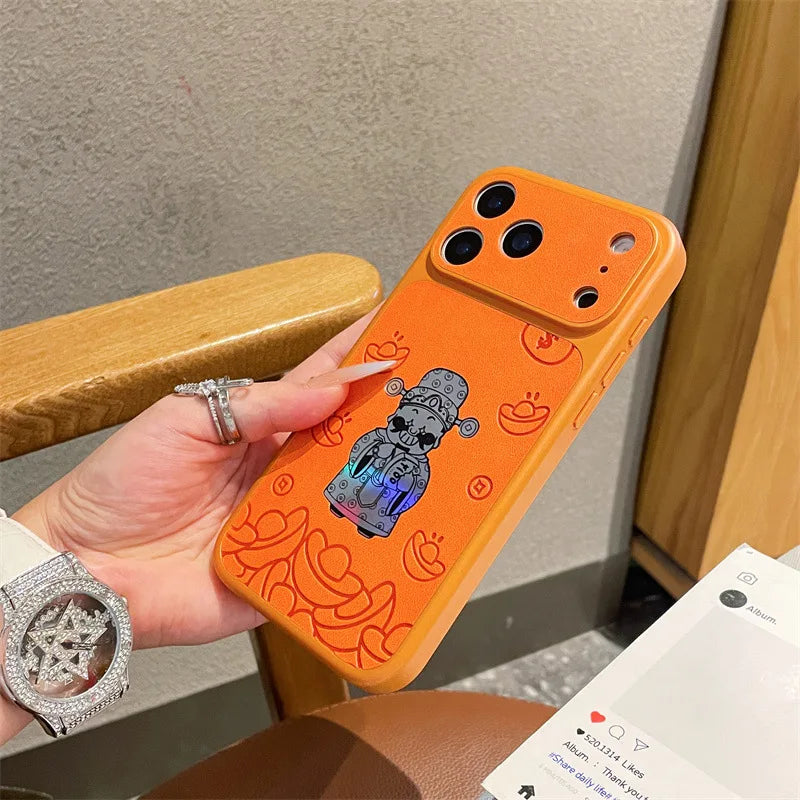 Luxury Cartoon God Of Wealth Laser Leather Texture Phone Case For iPhone