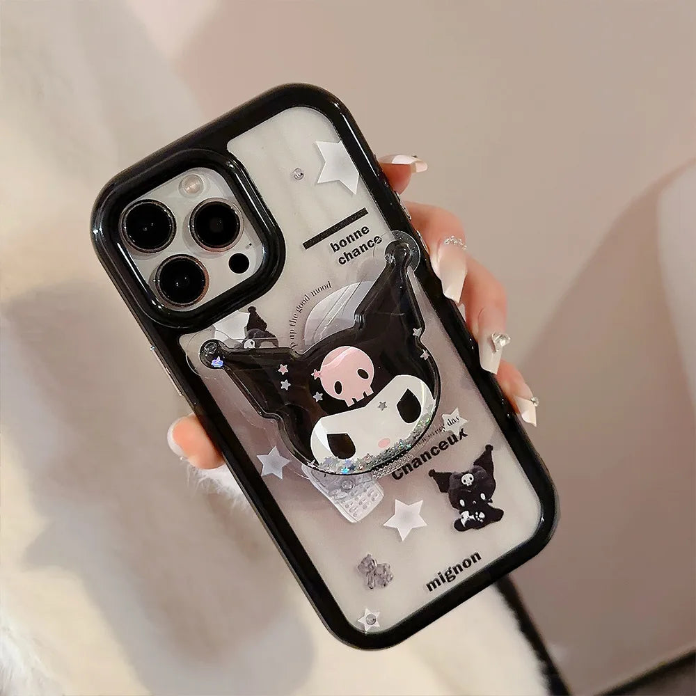 Cute Cartoon Kuromi Quicksand Bracket Phone Case With Lanyard For iPhone
