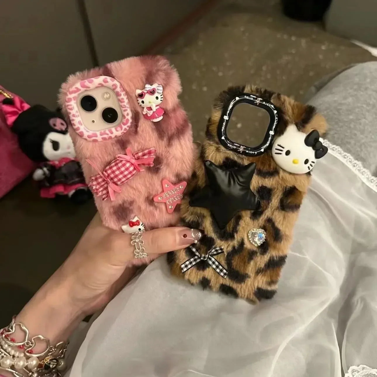 Plush Sanrio Leopard Print Hello Kitty Phone Case For iPhone