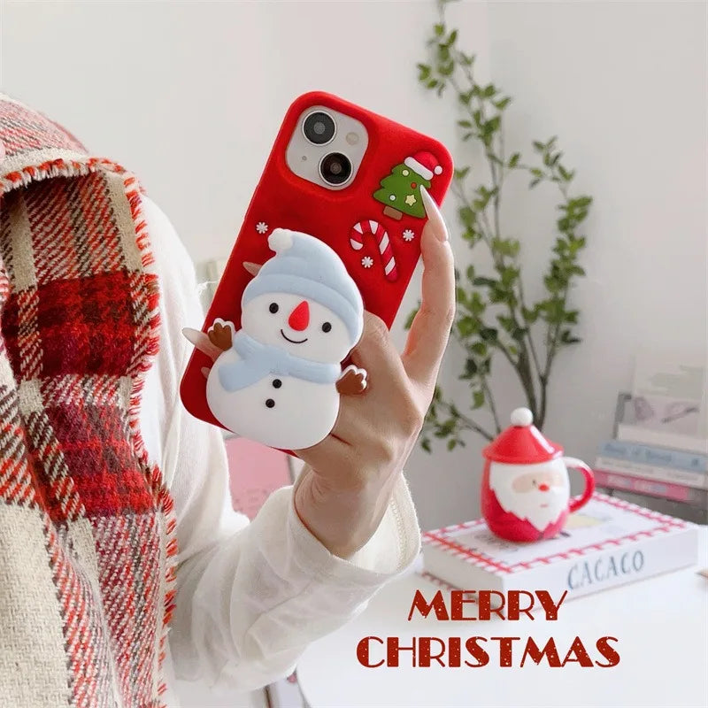 Cute 3D Cartoon Christmas Snow Man Telescopic Bracket Phone Case For iPhone
